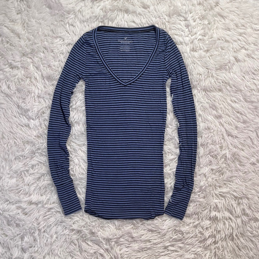 y2k american eagle blue v neck striped long sleeve top xs